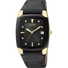 Citizen Men's Eco-Drive Black/Gold Stainless Dress Rectangle Watch - Black Leather Strap - Black Dial - BM6574-09E