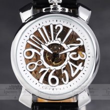 Cool White Big Number Men Automatic Mechanical Wrist Watch Pu Leather Analog