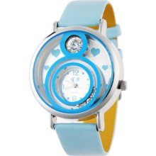 Diamond Inlaid Round Blue Leather Analog Watch for Women - Blue - Metal
