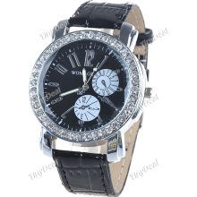 Elegant Fashionable Quartz Lady Watch w/ Rhinestones Black Faux Leather Strap