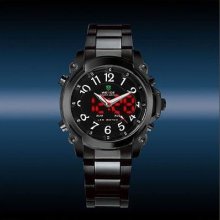Elegant Mens Wmens Day&date Red Digital Case Black Stainless Steel Sport Watch