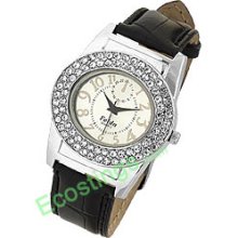 Elegant Sliver Dial Leather Band Rhinestone Watch for Office Lady