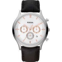 Fossil Mens Ansel Chronograph Stainless Watch - Black Leather Strap - White Dial - FS4640