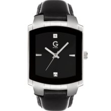 G by GUESS Silver-Tone Black Leather Strap Watch