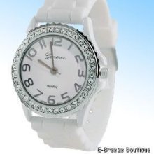 Geneva White Glitz Crystal Accented Rubber Strap Watch