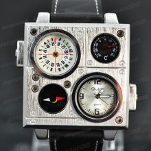 Graceful White Stainless Compass Leather Strap Boy's Wrist Watch Male Quartz