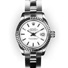 Ladies Stainless Steel Oyster White Stick Dial Fluted Rolex Datejust