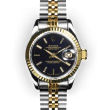 Ladies Two Tone Black Stick Dial Fluted Bezel Rolex Datejust (525)