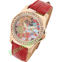 Leather Band Rhinestone Bloom Colorful Dial Woman's Wrist Watch