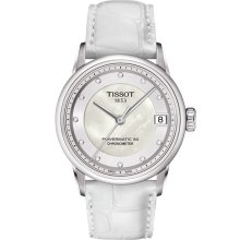 Luxury Automatic COSC Women's Watch With Diamonds With White Leather Strap