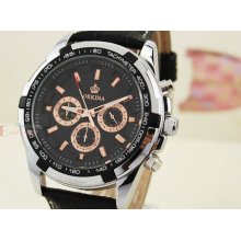Luxury Rose Gold Subdial Chronograph Mens Jp Quartz Black Leather Wrist Watch