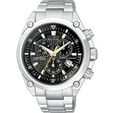 Men's Eco-Drive Stainless Steel Perpetual Calendar Alarm Chronograph Black Dial