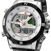 Men's Fashion White Dial Lcd Dual Time Quartz Sport Digital Analog Wrist Watch