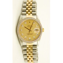 Men's Stainless Steel & Gold Datejust Model 16013 Jubilee Band Custom Added Champagne Diamond Dial & Diamond Bezel