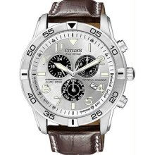 Men's Stainless Steel Case Eco-Drive Chronograph Alarm Perpetual Calendar Silver