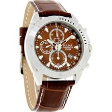 Men's Stainless Steel Case Quartz Chronograph Brown Dial Brown Leather