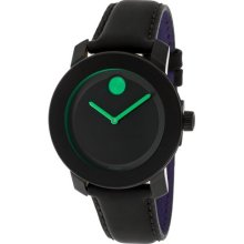 Movado Bold women watch medium 36mm black leather green aceents Swiss 3600131