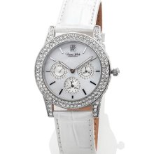 Multi-Function Pave Crystal Case Leather Strap Watch