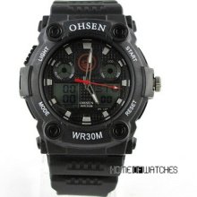 Ohsen Multi Function Black Rubber Analog Digital Dual Time Sport Wrist Watch