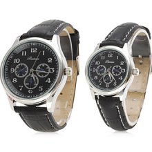 Pair of Black Face PU Analog Quartz Couple Watches (Black)