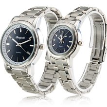 Pair of Blue Face Analog Alloy Quartz CoupleÄºs Watches (Silver)