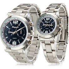 Pair of Blue Face Alloy Business Analog Quartz CoupleÄºs Watches (Silver)