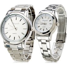 Pair of White Face Alloy Business Analog Quartz CoupleÄºs Watches (Silver)