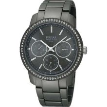 Pulsar Women's Aluminium Case Date Grey Steel Bracelet Crystals Watch Pp6045