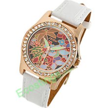 Rhinestone Leather Bloom Colorful Dial Woman's Wrist Watch