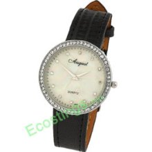 Rhinestone Round Lady's Quartz Watch + Leather Strap