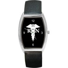 RN Nurse Caduceus on a Barrel Watch w/ Leather Band NEW - Black - Metal