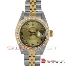 Rolex Ladies Datejust Two Tone Champagne Roman Diamond Bezel Jubilee