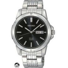 Seiko Men`s Silver Bracelet Solar Watch W/Black Face