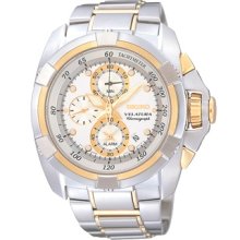 Seiko Men's Two Tone Velatura Alarm Chronograph Silver Dial SNAA92