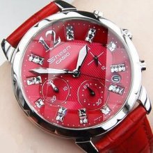 Shn-5010l-4 Casio Watch Sheen Red Chronograph Leather Gift 100% Original