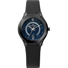 Skagen 886sblb Women's Black Label Leather Band Black Mop Dial Watch