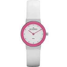 Skagen Brights White Leather & Pink Dial Women's Watch - White