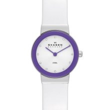 Skagen Color Border Leather Strap Watch White/ Purple