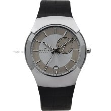 Skagen Men's Black Leather Strap Silvertone Watch