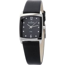 Skagen Women's 691SSLB Black Calf Skin Quartz Watch with Black Dial