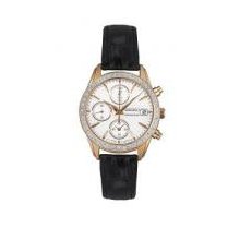 SNDY14 Wmns Stnl Stl TwoTn Chrono MOP dial Date Blk Leather