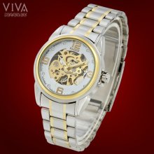Studded White Dial Mechanical Skeleton Automatic Steel Men's Wrist Band Watch