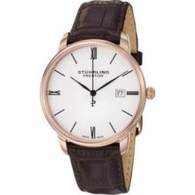 Stuhrling Original 307L.334K2 Mens Swiss Made Kingston Quartz Date Ultra Slim Rose Gold on Brown Leather Strap with White Dial Watch
