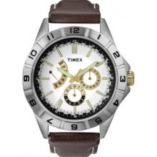 Timex Men's Retrograde Watch With White Dial And Brown Leather Strap - T2n517pf