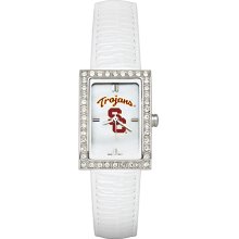 University Of Southern California Watch with White Leather Strap and CZ Accents