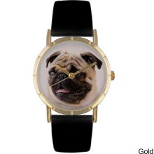 Whimsical Women's Pug Photo Black Leather Strap Watch (Gold)