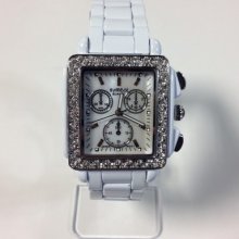 White Bracelet Square Ladies Iced Out Crystal Decorative Chronograph Watch Lg2