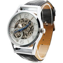 White Men's PU Analog Mechanical Casual Watch