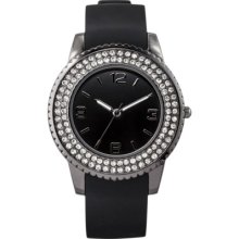 Women's Merona Black Rubber Strap Watch with Black Glitz Case