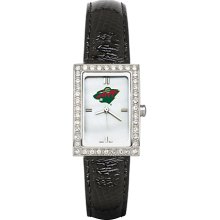 Womens Minnesota Wild Watch with Black Leather Strap and CZ Accents